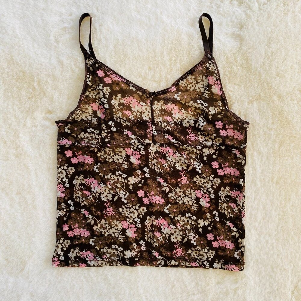 Y2K Old Navy Camisole Tank Top Brown with Pink Flowers Sheer Size M